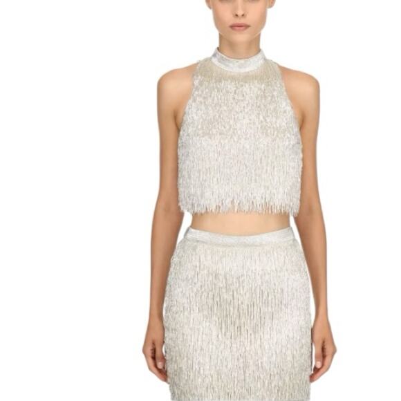 MOSCHINO Beaded Fringe Silk Pencil Skirt In Silver size 6 Rare NWT Retails $5945 - Picture 12 of 13
